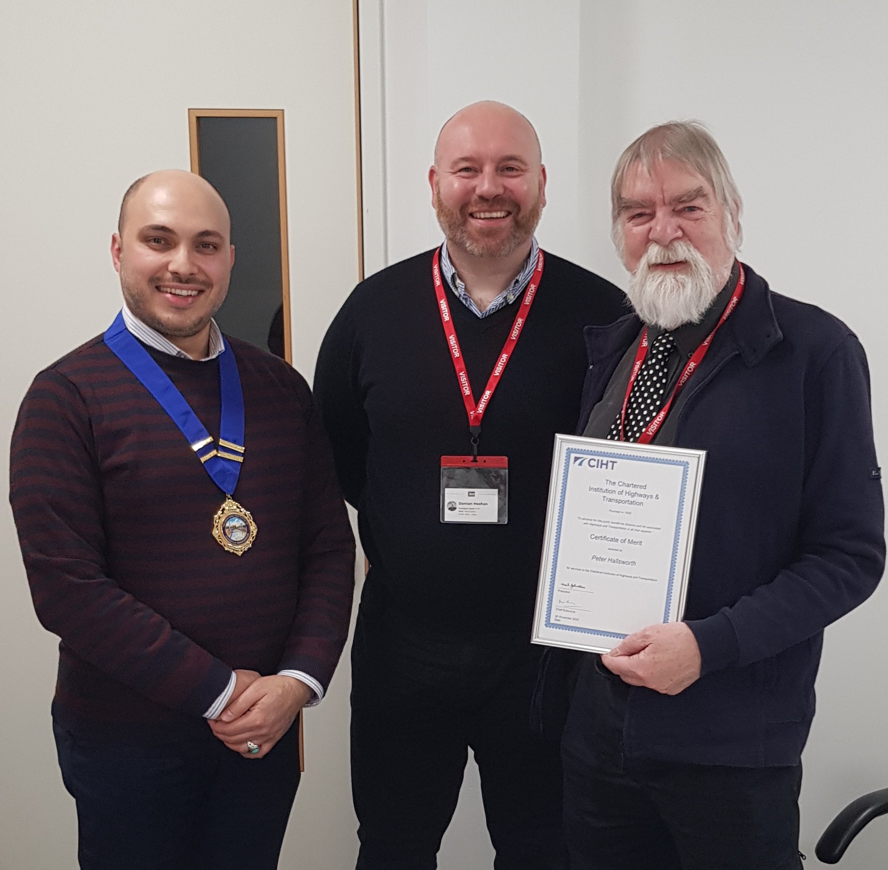 (From left to right) Behrooz Saghafi (CIHT's North West Regional Chair), Damian Meehan, CIHT Fellow, and Peter Hallsworth, Certificate of Merit Winner