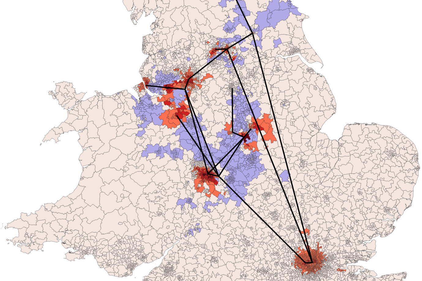 Image: Example of population movement prediction as a result of HS2; credit: QUANT