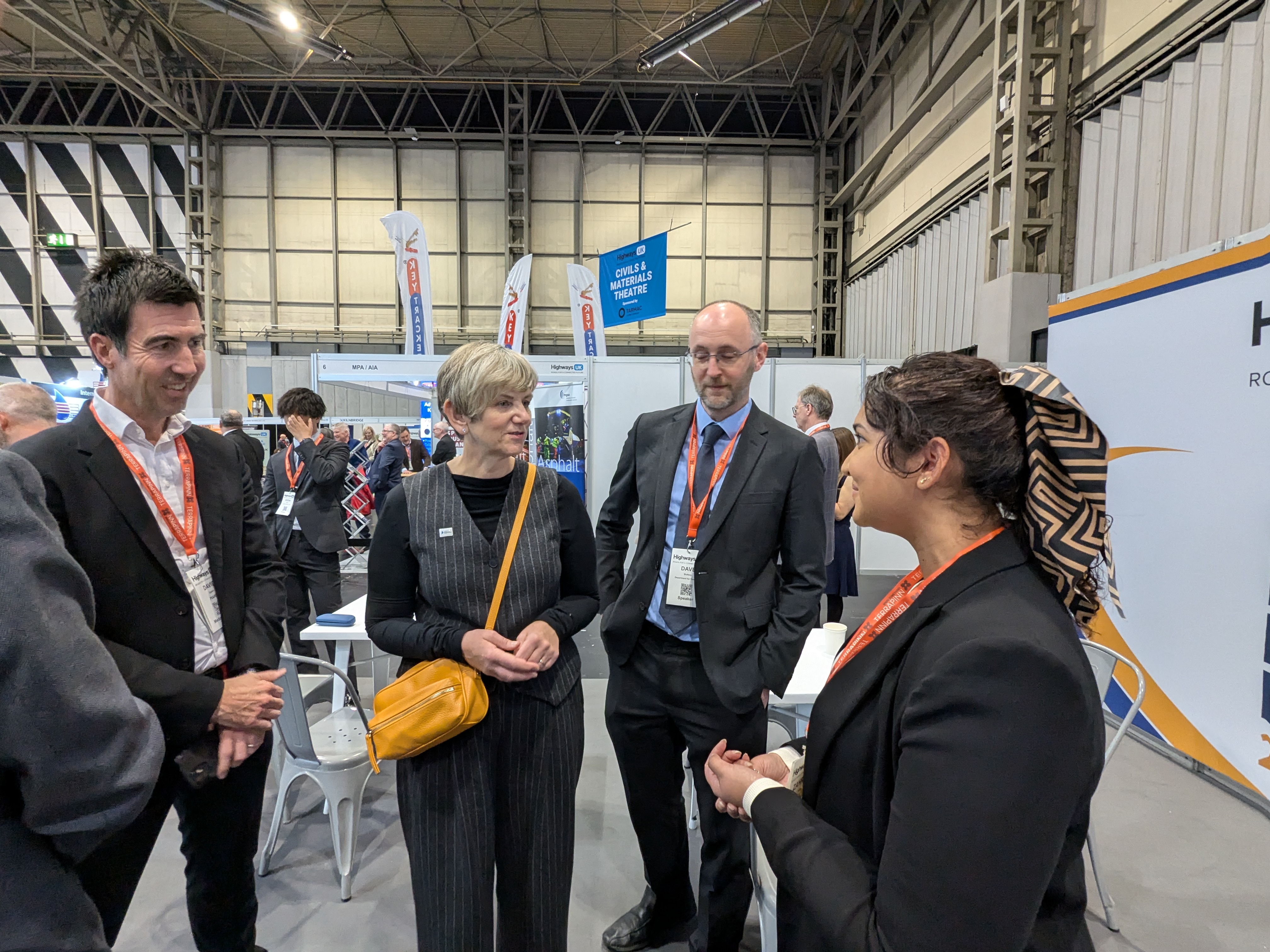 Left to right, David Ogden, Chair PIARC UK; Lilian Greenwood, Minister for Roads; David Buttery, UK First Delegate to PIARC; Zahraa Kadri, PIARC UK Technical Representative