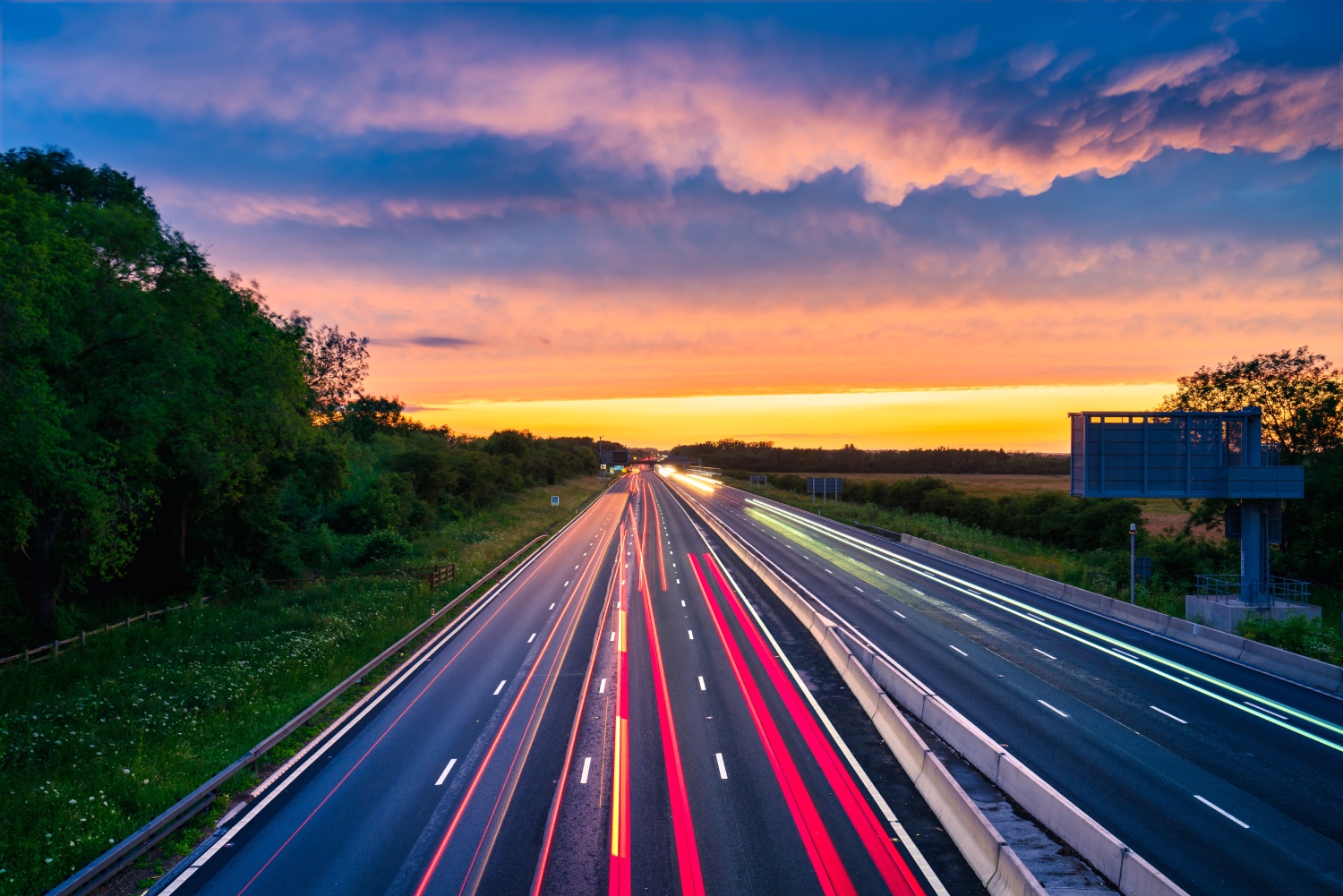 Image: M1 motorway at sunset; Image credit: Shutterstock
