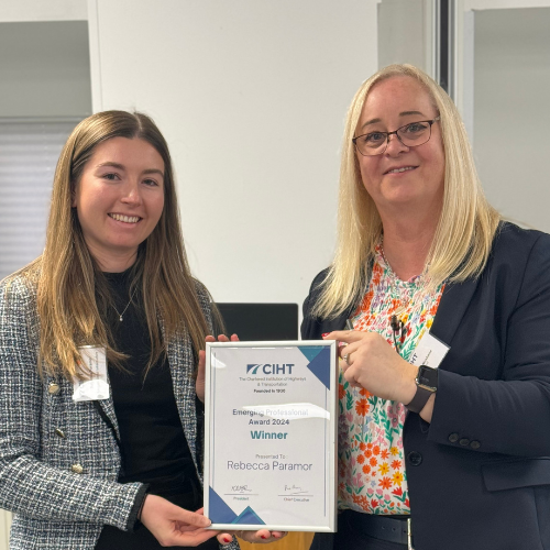 Main image: Rebecca Paramor receives the award from Karen McShane; credit: CIHT