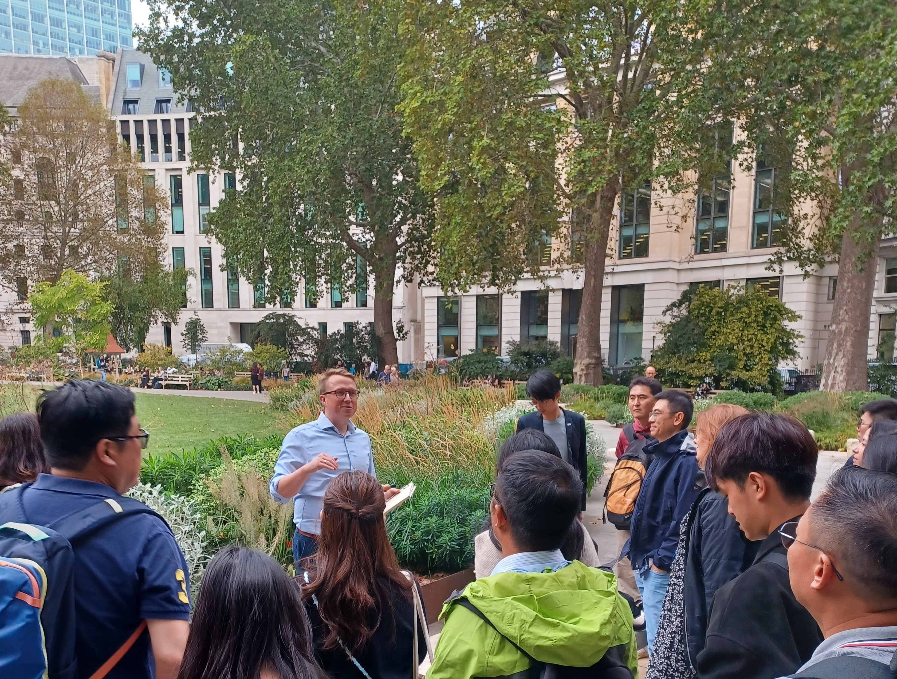 The CIHT Hong Kong delegation during a walking tour exploring climate resilience initiatives across the City of London with Tim Munday